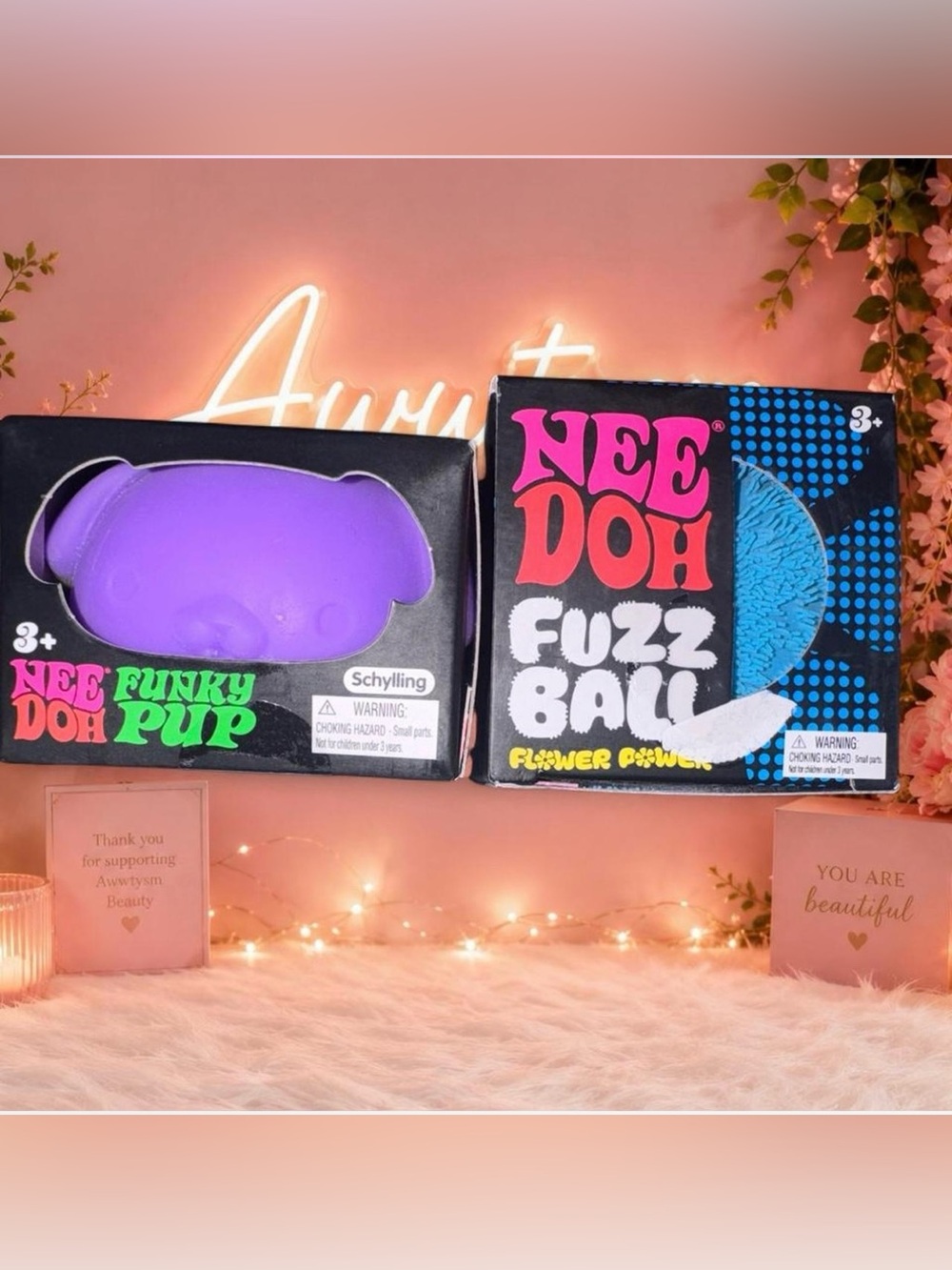 Fuzz Ball Flower Power & Funky Pup Purple NeeDohs- Schylling- NIB